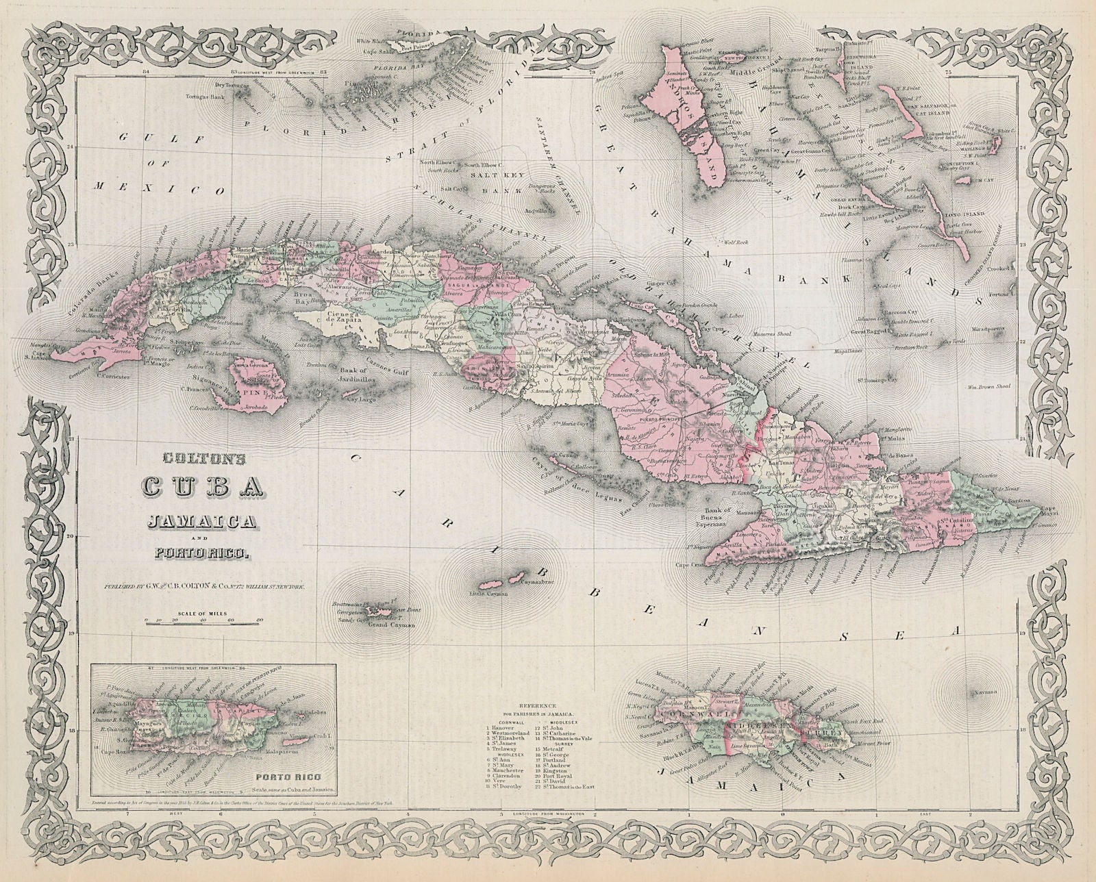 Colton's Cuba, Jamaica and Porto Rico. Puerto Rico. Bahamas 1869 old map